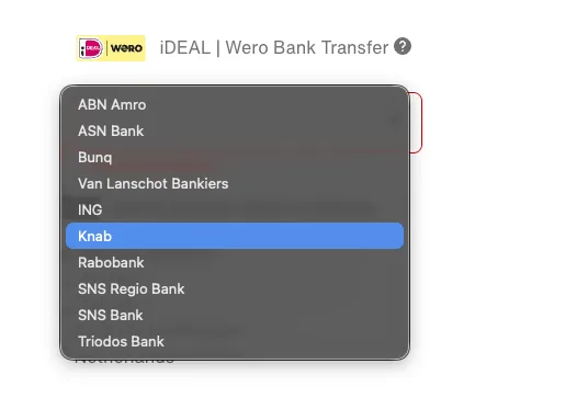 Bankenlijst in de Nike-checkout bij de betaaloptie iDEAL | Wero Bank Transfer.