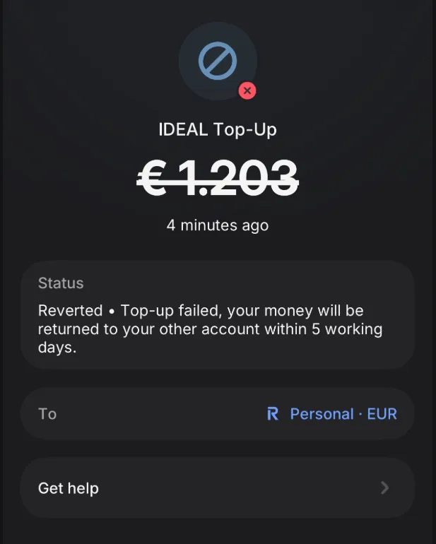 Melding in de Revolut-app dat de iDEAL-aanvulling is mislukt en het geld binnen vijf werkdagen wordt teruggestort.